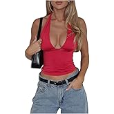 SOLY HUX Women's Y2K Halter Crop Tops V Neck Sleeveless Backless Going Out Slim Fit Tops