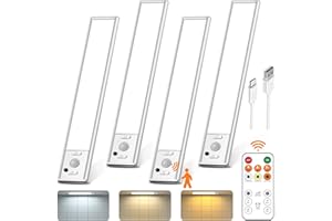 LENOMA Under Cabinet Lighting with Remote Control,USB Rechargeable 180 Lumen LED Motion Sensor Light Indoor,Wireless Under Counter Light,3 Color Dimmable Closet Light for Bedroom,Wardrobe,Stairs,4 Pack