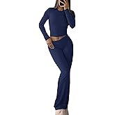 YETOWA Women's 2 Piece Lounge Set Long Sleeve Crop Top and High Waisted Flare Pants Soft Knit Loungewear Outfit