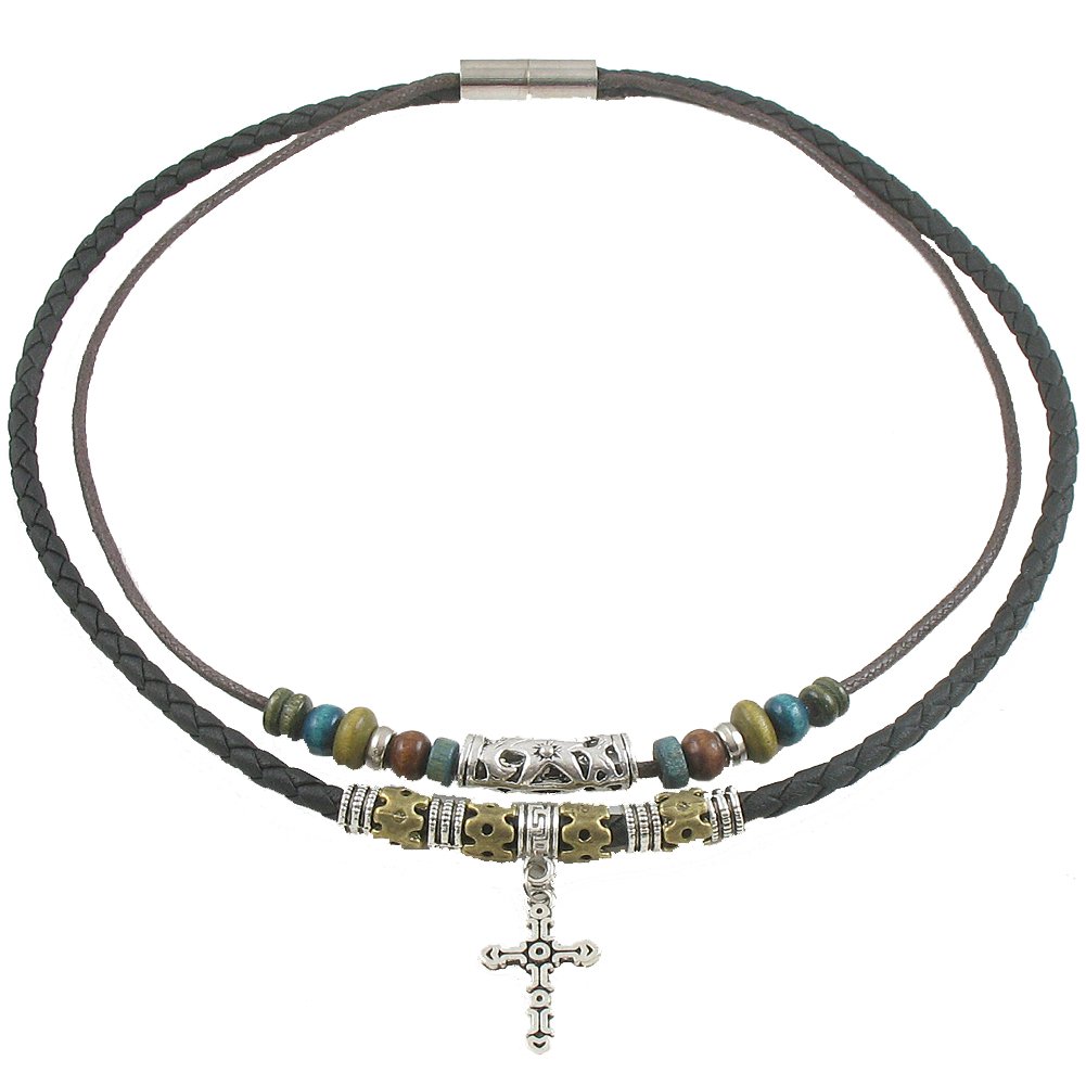 Boho Double-Layer Leather Cord Necklace with Cross Pendant and Beads – 40cm Inner Cord, Metal Plug Clasp, Handmade Jewelry for Men and Women