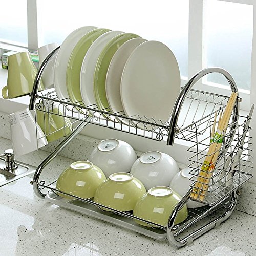 Meflying 2-Tier Dish Rack, Stainless Steel Dish Rack Drain Board Drainer Dryer Tray Holder For Glass Cup Home Kitchen(US STOCK) (Silver2) - Thumbnail 2