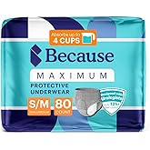 Because Maximum Incontinence Underwear for Men - Heavy Bladder Leak Protection, Ideal for Overnight Leakage, Sleek, Invisible Fit, Grey, Small/Medium -Absorbs 4 Cups - 80 Count (4 Packs of 20)