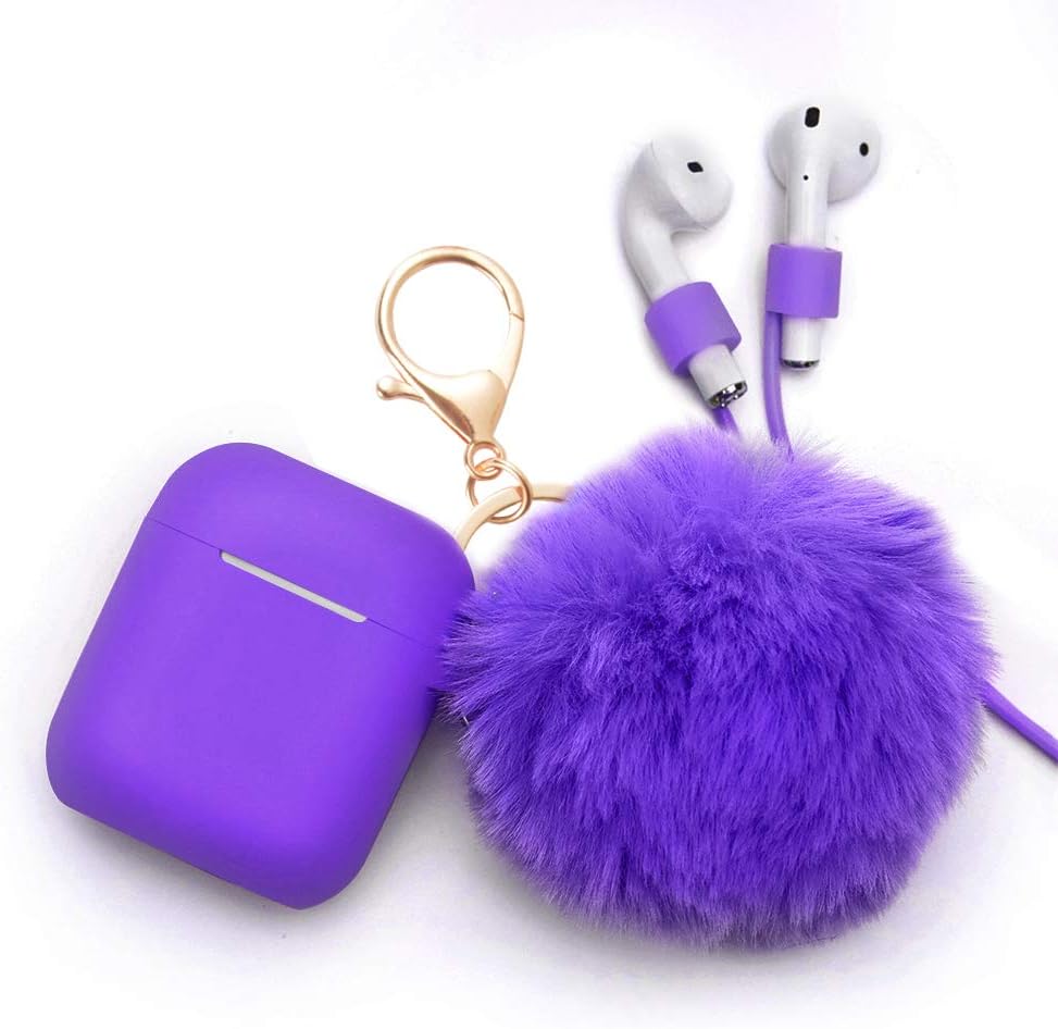 Case for Airpods Case - Cammate AirPods Case Cover Silicone Skin Protective Airpods Accessories for Apple Airpods Charging Case with Anti-lost Strap,Fur Ball Keychain,Purple(Front LED Visible)