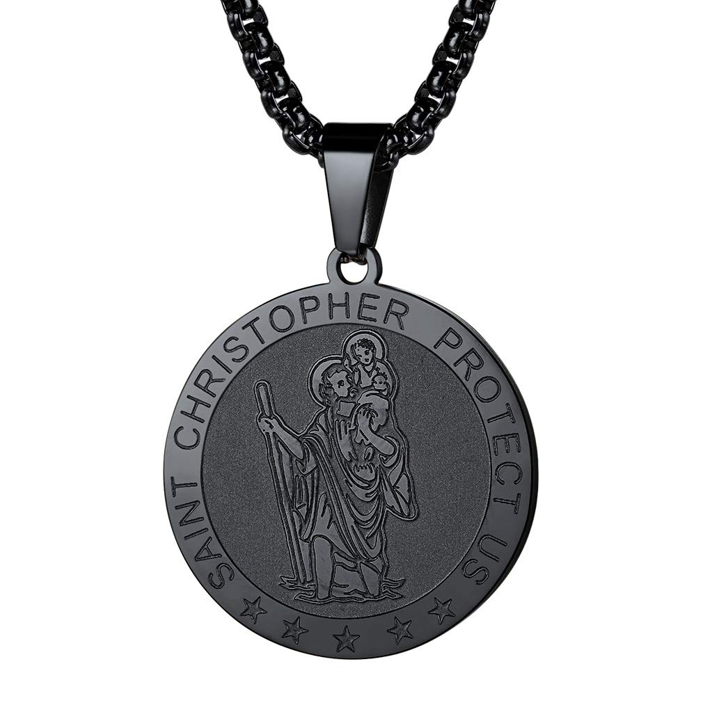 FaithHeart Saint Christopher Necklaces for Baby Boys Christian Jewelry St Christopher Protect Us Pendant Black Steel Chain Christmas Necklace Drivers Charm Baptism Gifts for Children