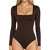 MANGOPOP Women's Square Neck Short Sleeve Long Sleeve Bodysuit Sexy Body Suits Shirt Slim Fitted Tops