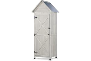 FTCBNet Wooden Outdoor Storage Cabinet,Tall Vertical Garden Tool Shed with Waterproof Metal Roof & Adjustable Feet – Perfect for Yard, Patio, Lawn & Deck (Gray, 22" x 26" x 67")