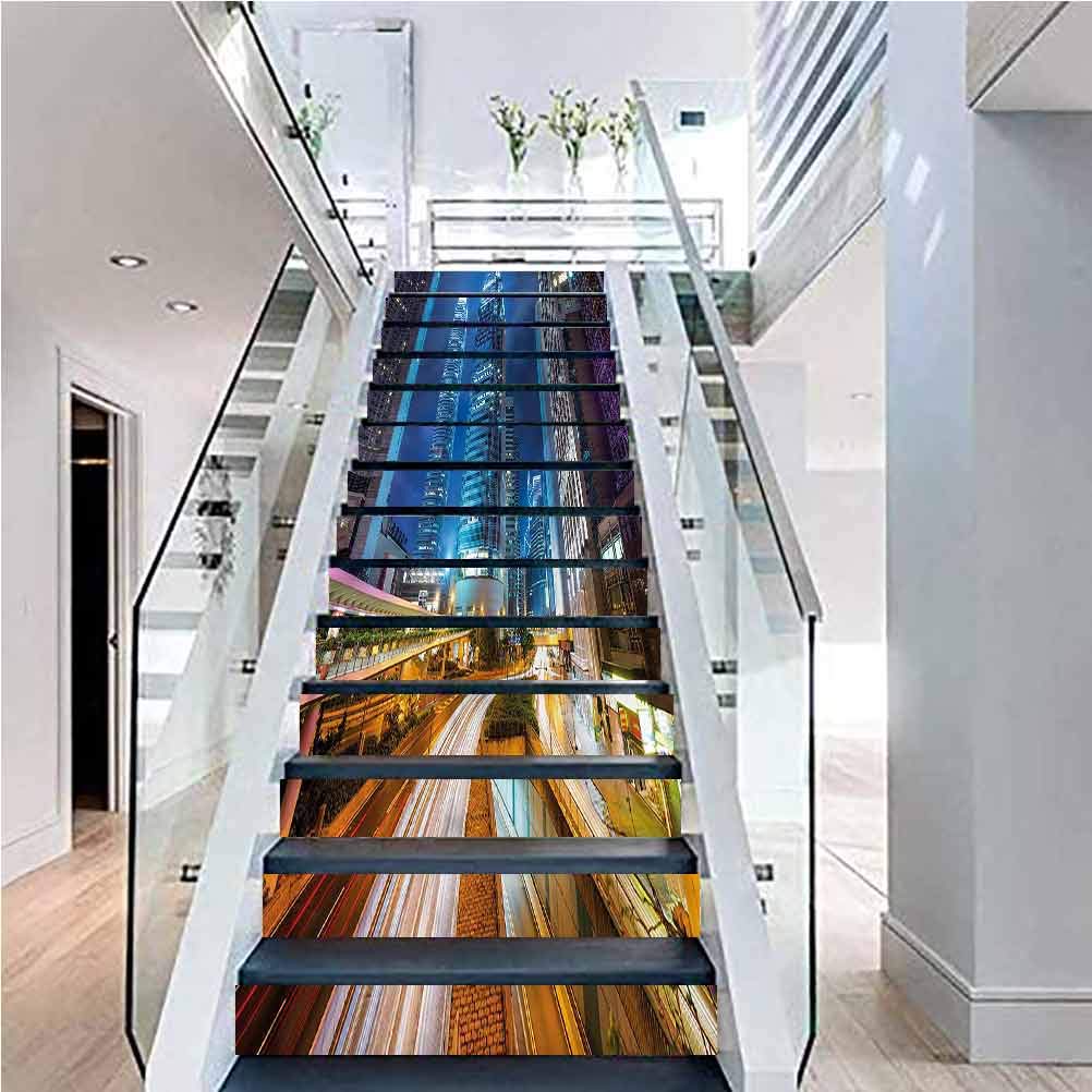 Stair Riser Decals DIY Tile Decals, City Fast Cars Hong Kong Urban, for Stair Riser Decals Home Decor, W39.3 x H7.08 Inch x13PCS