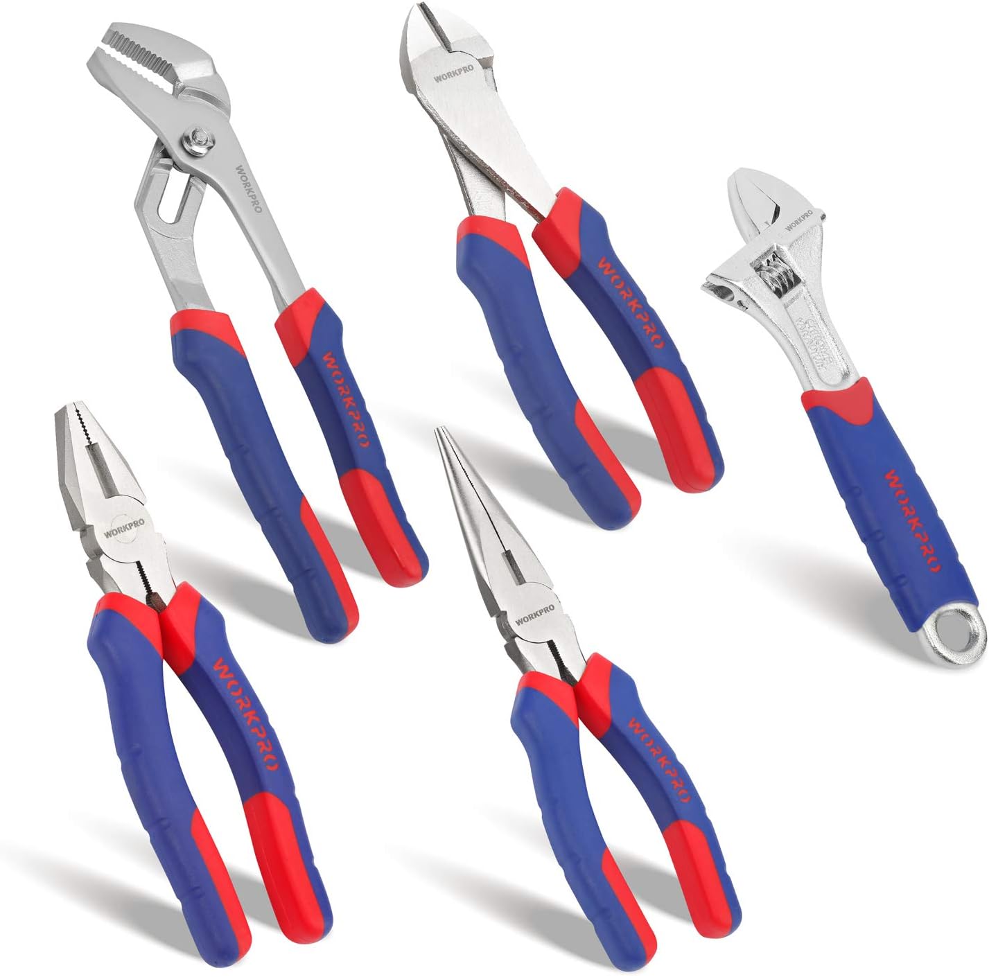 WORKPRO 5-Piece Pliers Set, Includes 250 mm Water Pump Plier, 200 mm Combination Plier, 200 mm Long Nose Pliers