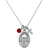 Saint Charbel Makhlouf Medal Necklace with Cross and Birthstone – Silver Catholic Jewelry – Patron Saint of Miracles – Stainless Steel Chain 16-24"