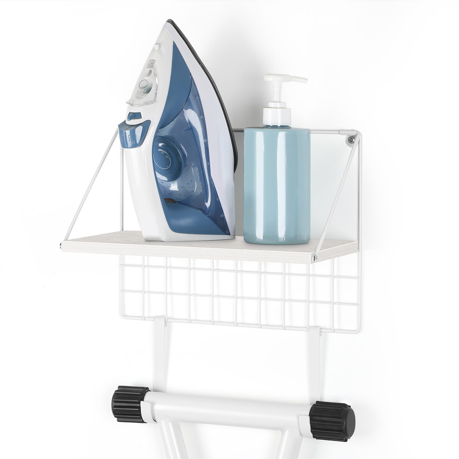 Ironing Board Hanger Wall Mount Ironing Board Holder with Shelf Iron Holder with Wood Storage Rack and Removable Hooks for Laundry Room, White