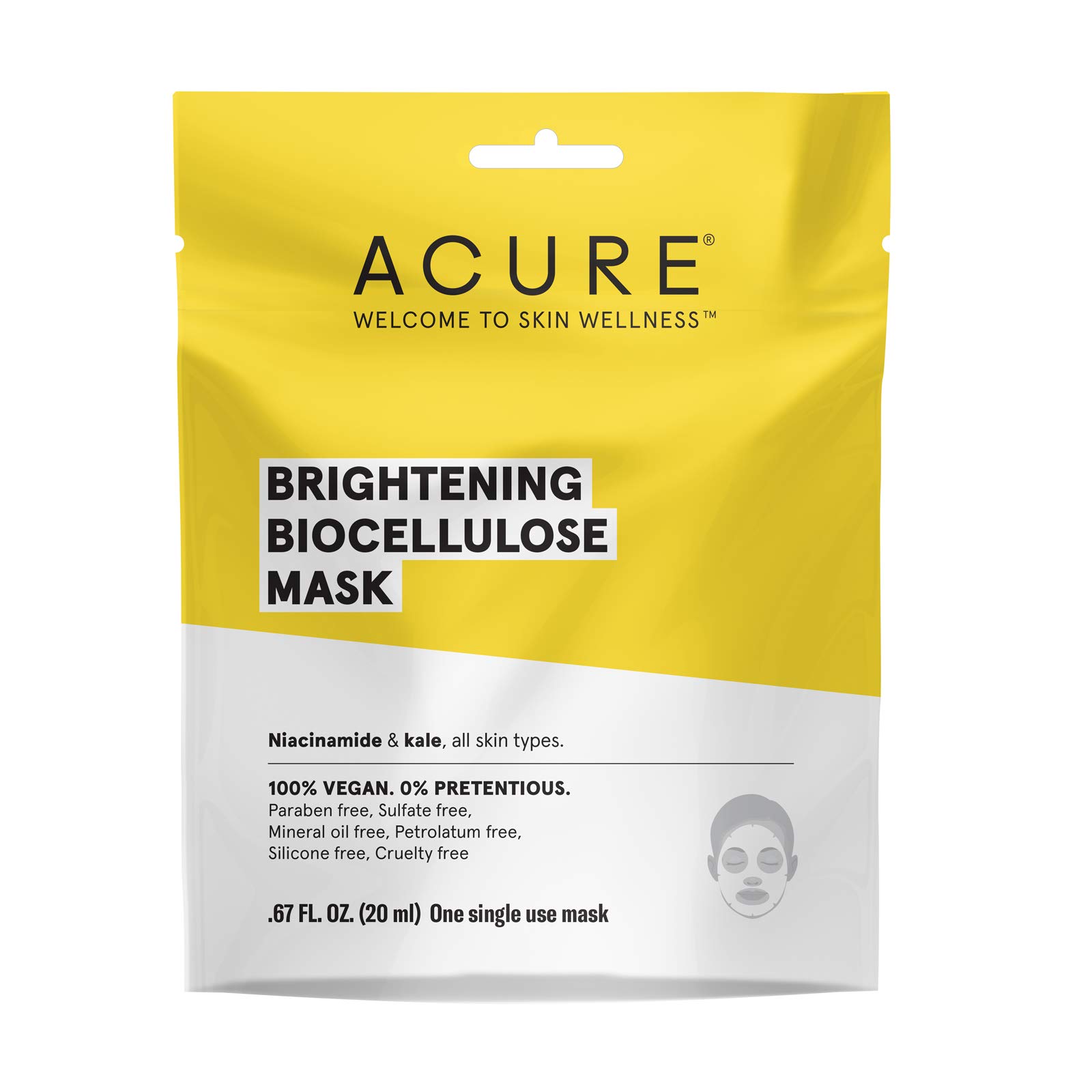 Brightening Biocellulose Gel Mask | 100% Vegan | For A Brighter Appearance | Niacinamide & Kale - Vitamin B3 |One Single Use | All Skin Types |1 Count