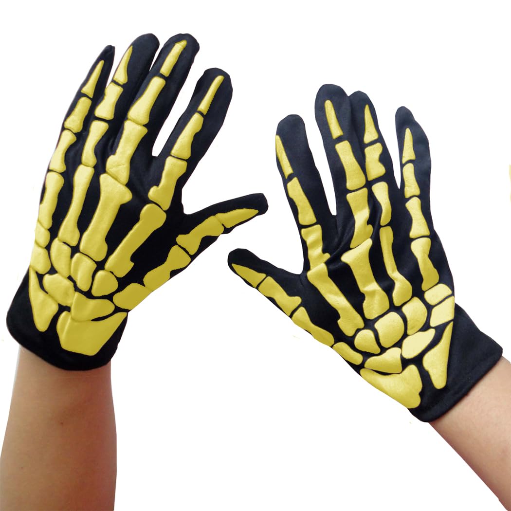 Naichuo Skeleton Full Finger Gloves, Skull Bone Gloves Halloween Costume Cosplay Accessories for Men Women Kids(Black and Yellow)