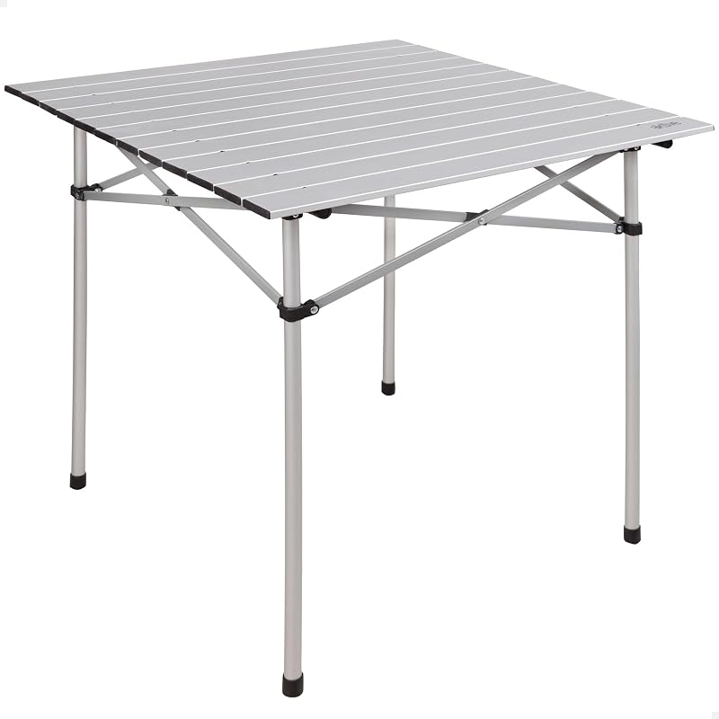Mesa dobrável leve, mesa de campismo em alumínio, tampo laminado, 70x70x70 cm, com saco de transporte, paragens antiderrapantes, para 4 pessoas (52840)