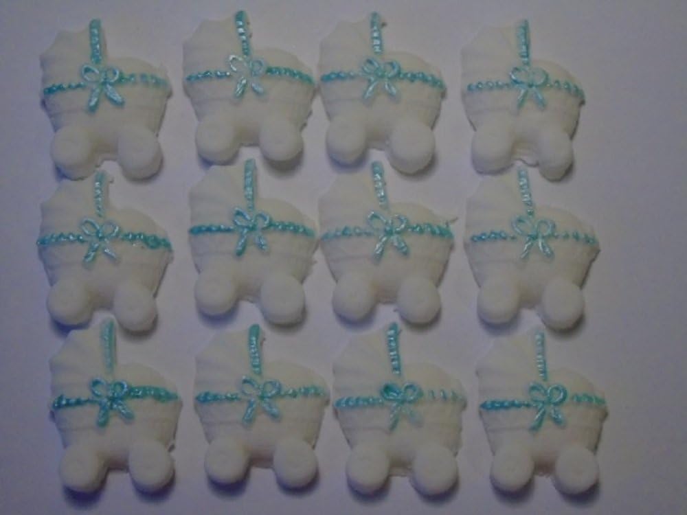 12 White Baby Prams Edible Baby Shower Cupcake Toppers (Blue Ribbon)