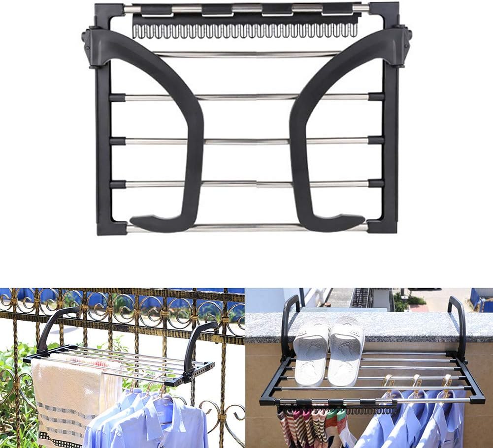 YOTHG Folding Stainless Steel Drying Rack Hanging Over The Balcony Windowsill Fence Guardrail Corridor, Shoes Storage Rack Clothes Dryer Towel Hanger, Easy Install (Black)