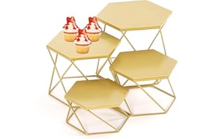 MinWadil Metal Display Risers, Set of 4 Brass Hexagonal Nesting Buffet Riser Set, Modern Brass Buffet Display Stands for Food, Food Display Risers for Buffet Cupcake Small Potted Plants