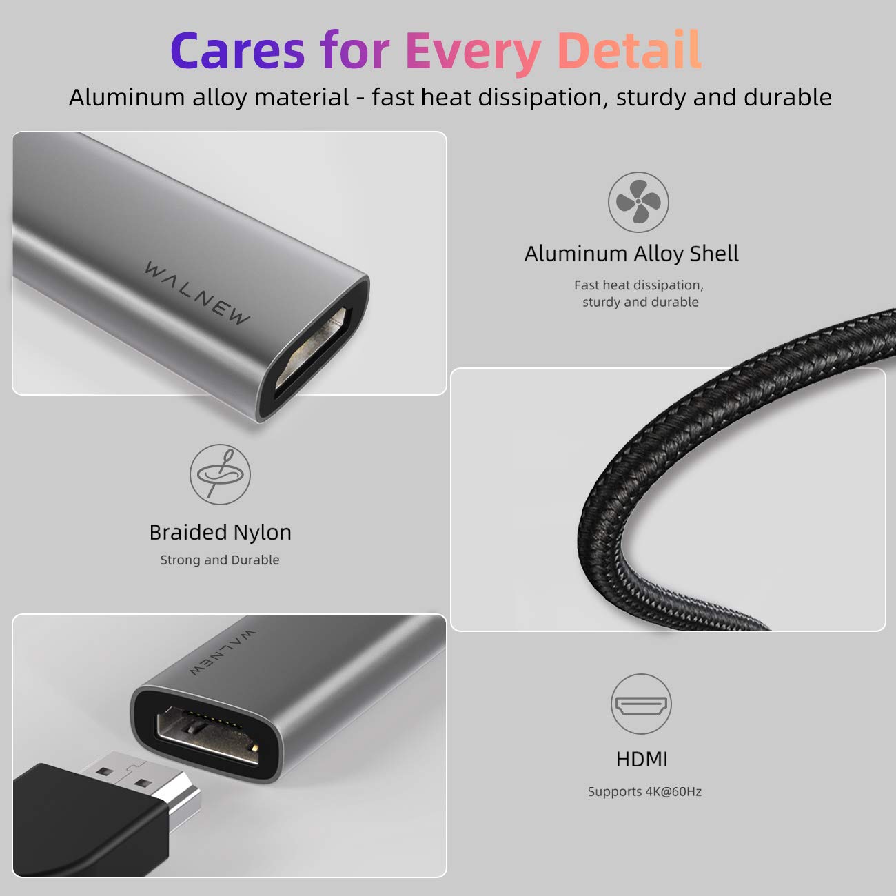 WALNEW USB C to HDMI Adapter 4K 60Hz, Type-C Male to HDMI Female Cable Converter, USBC Thunderbolt 3 Monitor Dongle for Mac MacBook,iPad Pro/Air, Samsung Galaxy,Chromebook,Surface,Dell XPS,Android TV