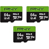 PNY 64GB Elite-X Class 10 U3 V30 microSDXC Flash Memory Card, 3 Count (Pack of 1) - 100MB/s, Class 10, U3, V30, A1, 4K UHD, F