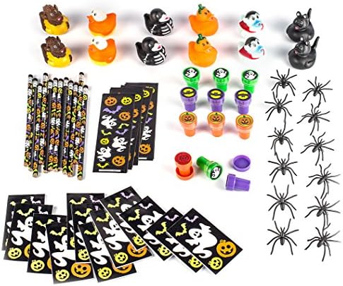 72 Halloween Mega Toy and Novelty Assortment; Includes 12 Halloween Rubber Ducks; 12 Halloween Themed Notepads; 12 Halloween Pencils; 12 Halloween Stickers Sheets; 12 Stampers; 12 Spider Rings