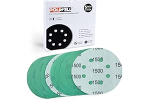 POLIWELL 5 Inch Sanding Discs 8 Holes 1500 Grit Wet Dry Film-Backed Green Line Hook and Loop Dustless Power Random Orbital Sander Paper, for Car Paint Wood or Metal Grinding and Polishing, 20 Pack