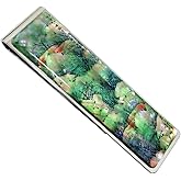 Mother of Pearl Apricot Flower House Painting Green Slim Stainless Steel Metal Money Clip Holder