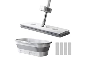 Mop and Bucket Set, 18 Wide 360° Swivel Joint Flat Mop with Wring, Foldable Cleaning Bucket and 4 Microfibre Cloths for Floor