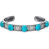 DOLIOX Genuine 5 Turquoise Stone Bracelet Bangle, Sterling Silver Boho Adjustable Cuff Native American Jewelry for Women, Fit for 6.5 7 7.5 Inches