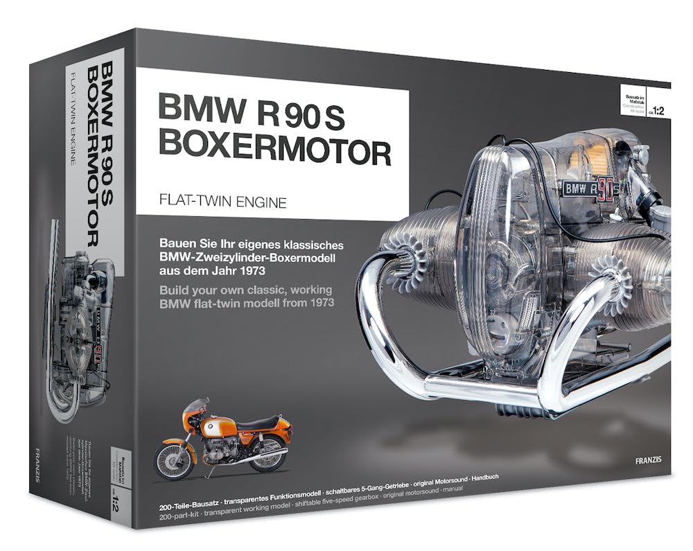 Franzis BME019 67009 0 BMW R 90 S Boxermotor originalgetreues Modell, Bausatz mit schaltbarem 5 Gang Getriebe, über 200 Teile und Begleitbuch, bunt