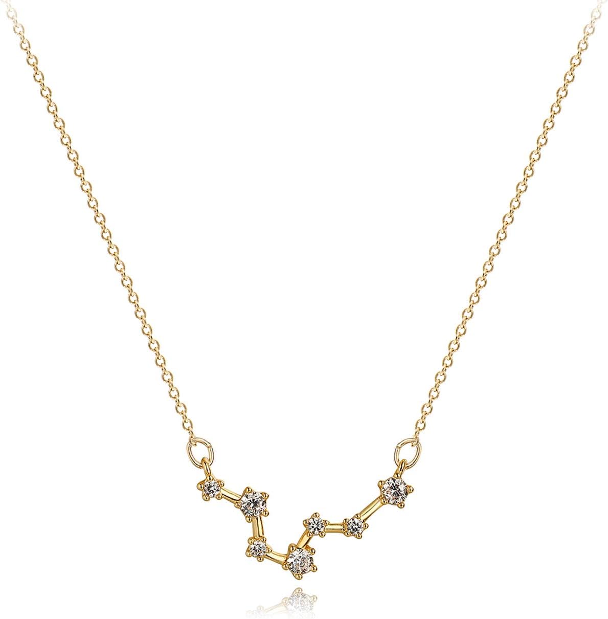Women Zodiac Necklace Gold/Sliver 12 Constellation Horoscope Sign Astrology Pendant CZ Star 14K Gold Filled/Platinum Plated Dainty Chain Simple Delicate Birth Jewelry Gift