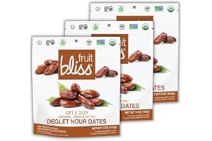Fruit Bliss Deglet Nour Pitted Dates – Soft & Juicy Organic, Dried & Pitted Deglet Nour Dates - Organic Fruit Snacks, Dried Fruit Snacks Resealable Pouches, Gluten-Free Vegan Snacks (3 Pack 5oz Each)