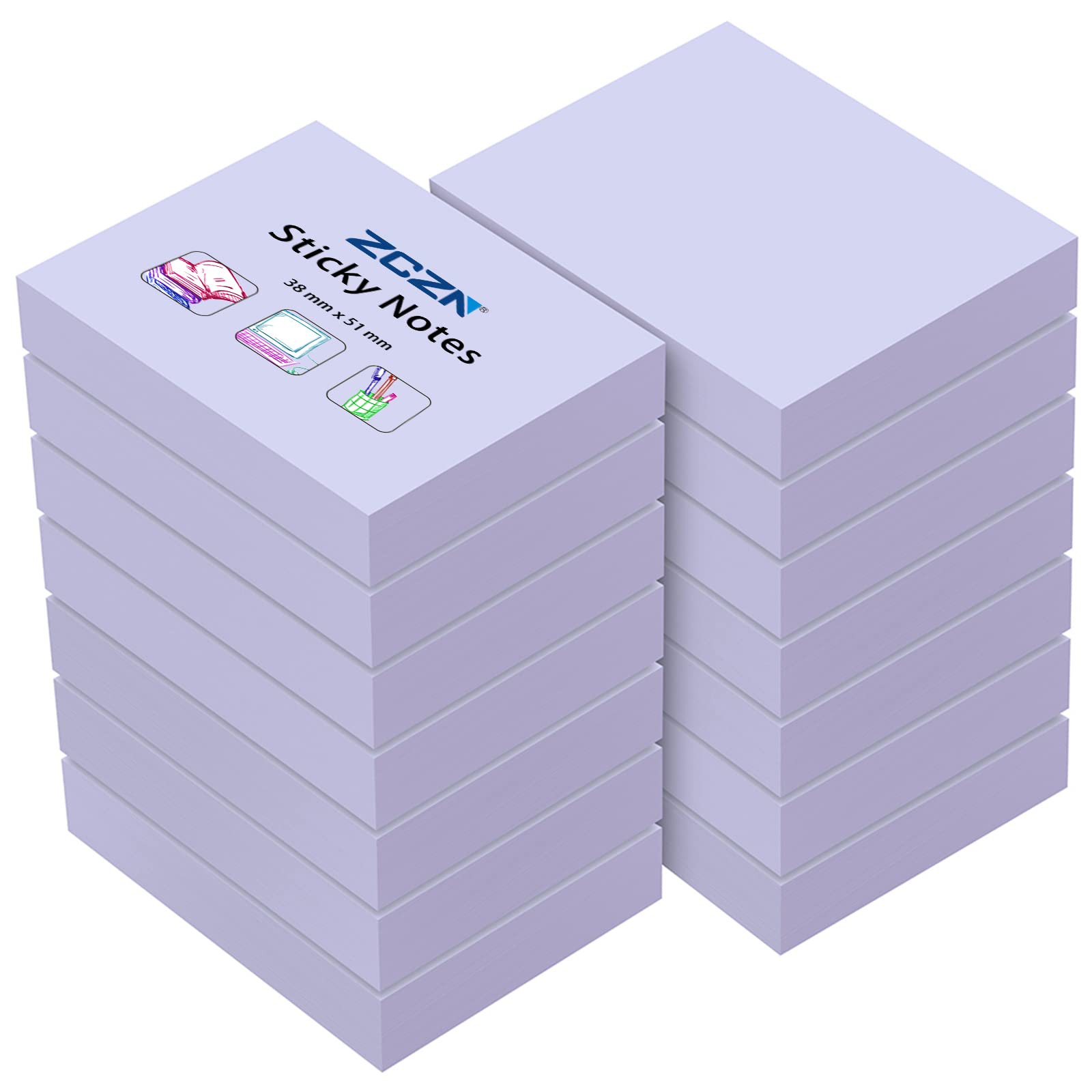 ZCZN Small Sticky Notes 38 x 51mm, 100 Sheets/Pad, 14 Pads, Light Purple