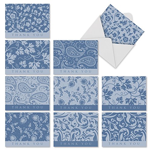 M1709TY Blue By You: 10 Assorted Thank You Note Cards Feature Classic Paisley and Vining Floral Patterns in Delicate Blues, w/White Envelopes.