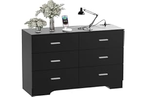 FJTJBSI Dresser with Power Outlets Wooden 6 Drawer Dresser with USB and Type C Port Chest of Drawers for Bedroom Tall Black Dresser Storage for Living Room Hallway Closet