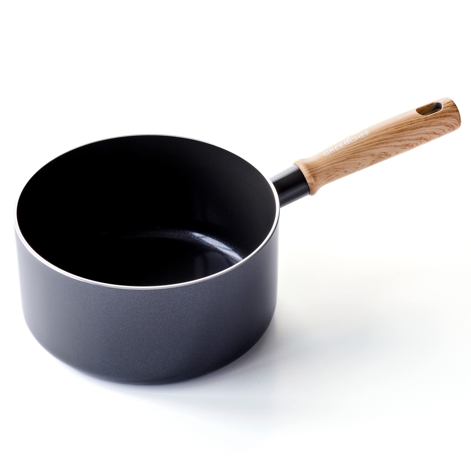 GreenChef Vintage Healthy Ceramic Nonstick 20 cm/3.1 Litre Saucepan, Wood Inspired Handle, PFAS Free, Induction Suitable, Oven Safe up to 160˚C, Grey