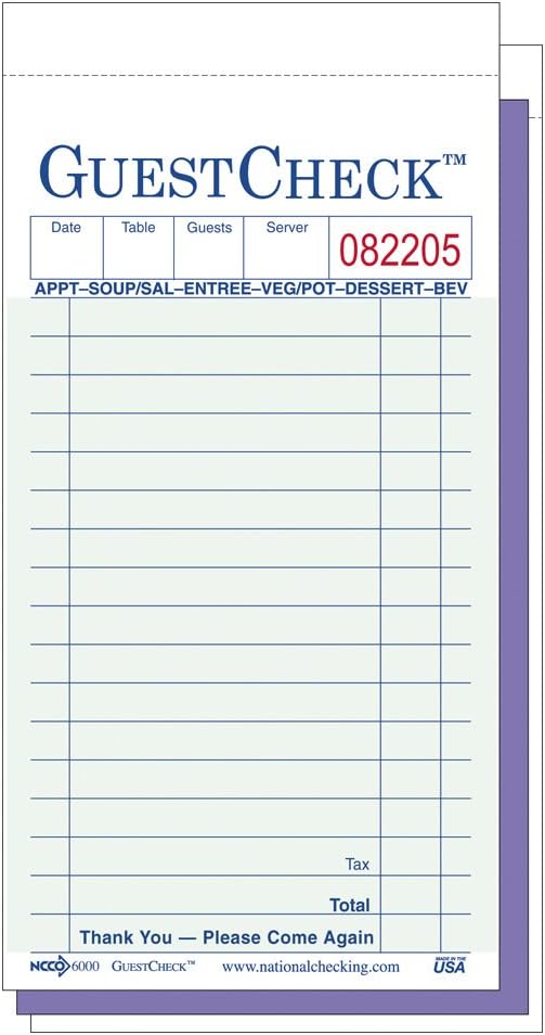 NCCO Guest Check G6000SP - 1 Case with 5 Packs with 50 Two Part Carbon Green 16 Line Checks - 500 Checks/Pack…