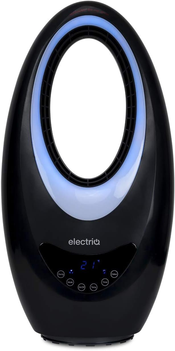 electriQ Black Bladeless Hot and Cool Fan 2kW with Optional Mood Light