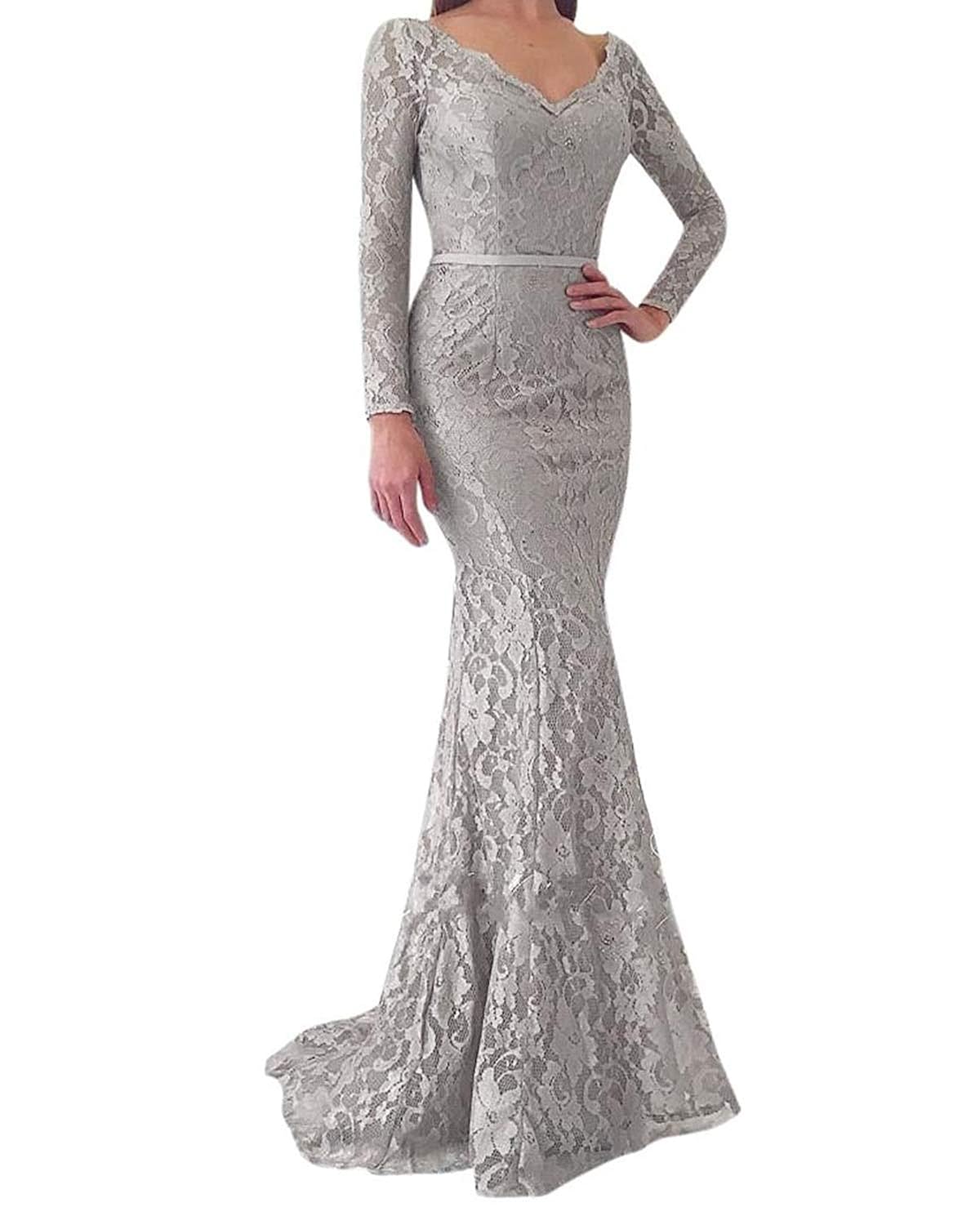 happyheart Womens V Neck Full Sleeve Floor Length Mermaid Lace Evening Party Dress