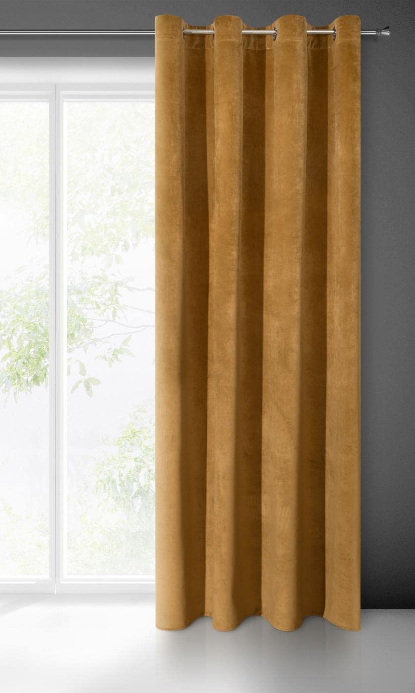 Eurofirany VILLA Soft Plain Opaque Velvet Curtain with Eyelets - 1 Unit, Fluffy Panel Drape Classic Glamour Elegant Living Room, Bedroom, 290 g/m2, W55 x L98, Honey Yellow