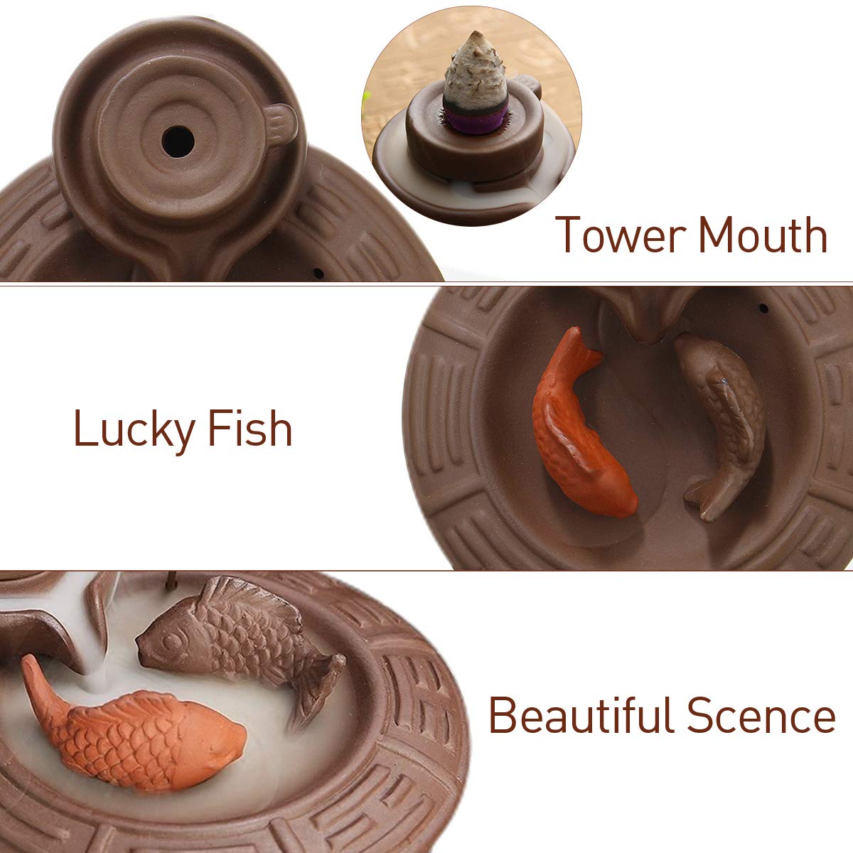 Jeteven Ceramic Fish Backflow Incense Burner, Incense Cones Sticks Holder, Ideal for Yoga Room, Home Decoration & Handicraft Gift