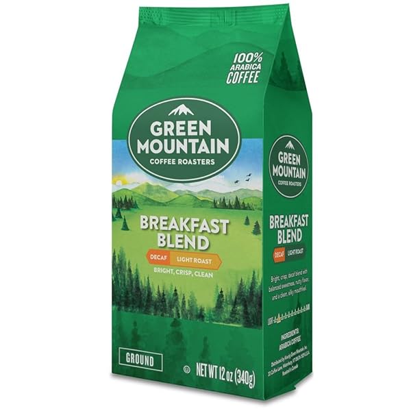 GREEN MOUNTAIN COFFEE ROASTERS, BREAKFAST BLEND DECAF, GROUND COFFEE, DECAFFEINATED, LIGHT ROAST, BAGGED 12OZ.