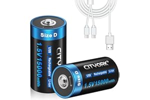 CITYORK Rechargeable D Batteries 2 Pack, 15000mWh Long-Lasting D Size Lithium Batteries, 1.5V High Capacity D Cell Li-ion Bat