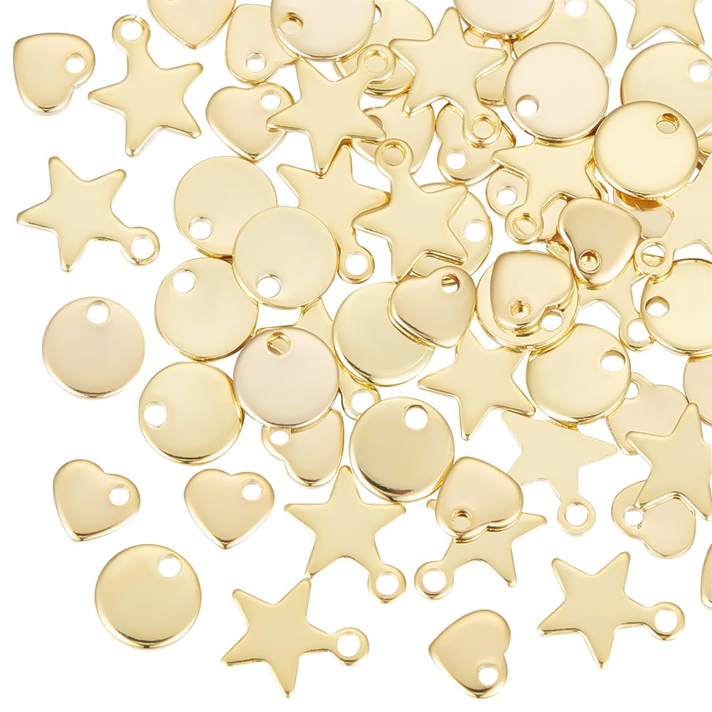 UNICRAFTALE about 60Pcs 3 Sizes Stainless Steel Heart Charms Stamping Blank Tag Mixed Shapes Bulk Charm Golden Star Charm Round Bead Charm for Bracelet Metal Small Charms for Necklace Jewelry Making