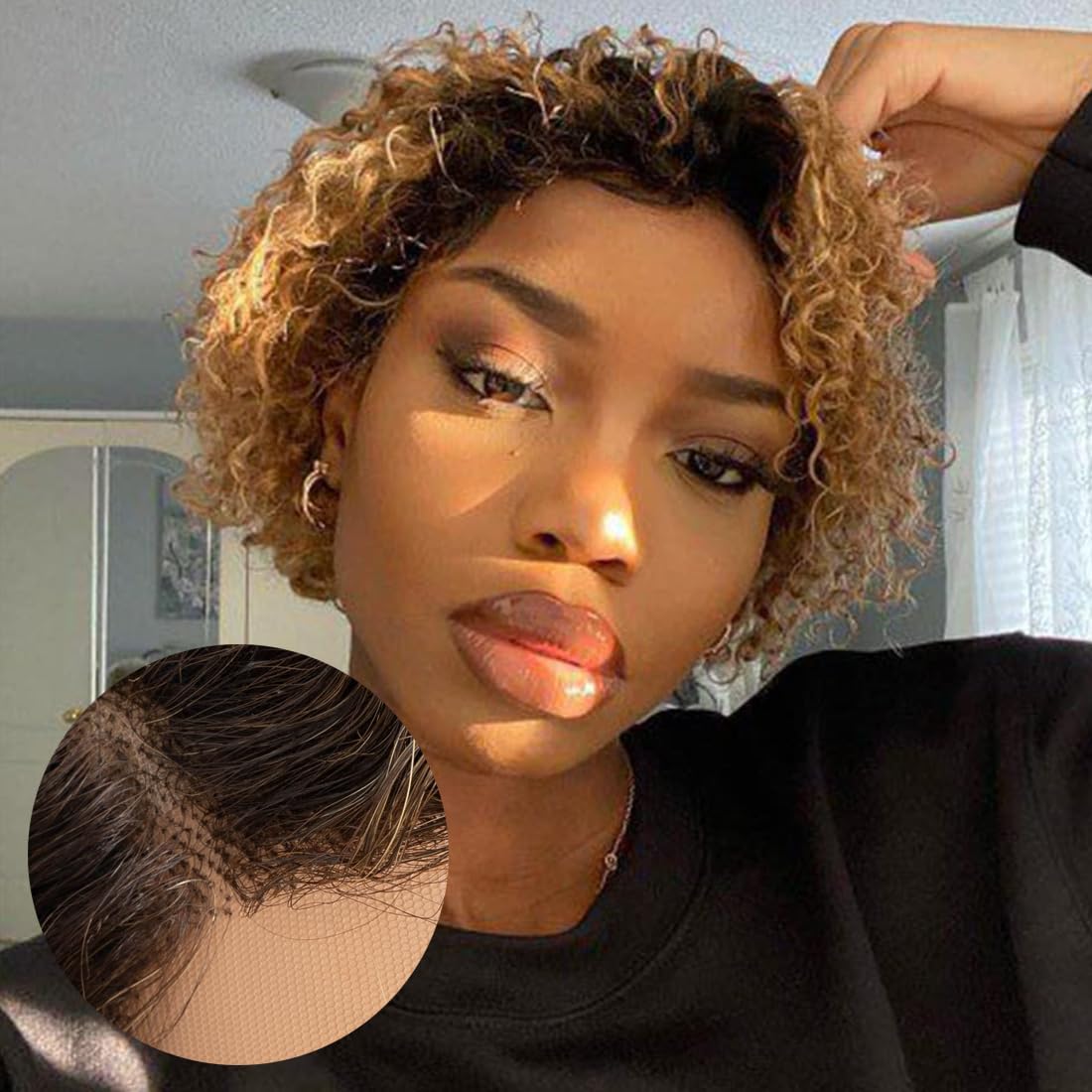 Noble Star 8inch Curly Wave Pixie Cut Wigs Human Hair 13x5x1 L Part Bob Wig for Women Side Part Pixie Cut Lace Front Wig with Baby Hair Glueless Short Cut Bob Wig DYTT4/33/30/27