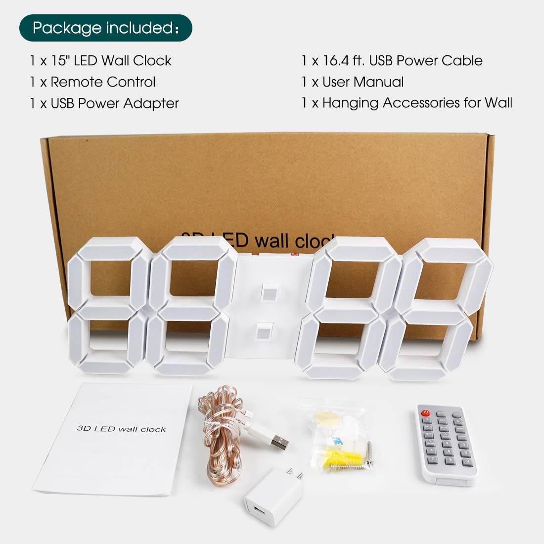 3D LED Digital Wall Clock 15 Inch with Remote Control Large Timer Nightlight Brightness Adjustable for Office Home Hotel Big Room