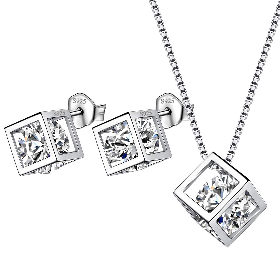 Aurora Tears April Birthstone Necklace Stud Earrings 925 Sterling Silver White CZ Square Birth Stone Jewellery Set Gifts for Women and Girls DX0028W