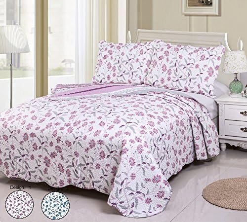Printing Damask Quilt Set Queen Size (90"x90"PINK MARGARITA) -3pcs Prewashed-Coverlet Set-Lightweight Soft Microfiber