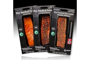 NEW YORK'S DELICACY New York's Finest Hot Smoked Norwegian Roasted Salmon [3 x 4 Ounce] [Assorted Combo] - Kosher, Gluten-Free, High in Omega-3, All Natural.