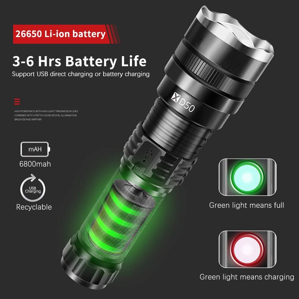 Handheld Flashlight 7100 Lumen with 26650 rechargeable Batteries LED Tactical Flashlight Zoomable 2 Modes Adjustable Focus Water Resistant for Camping Hiking Outdoor Biking Emergency - - 