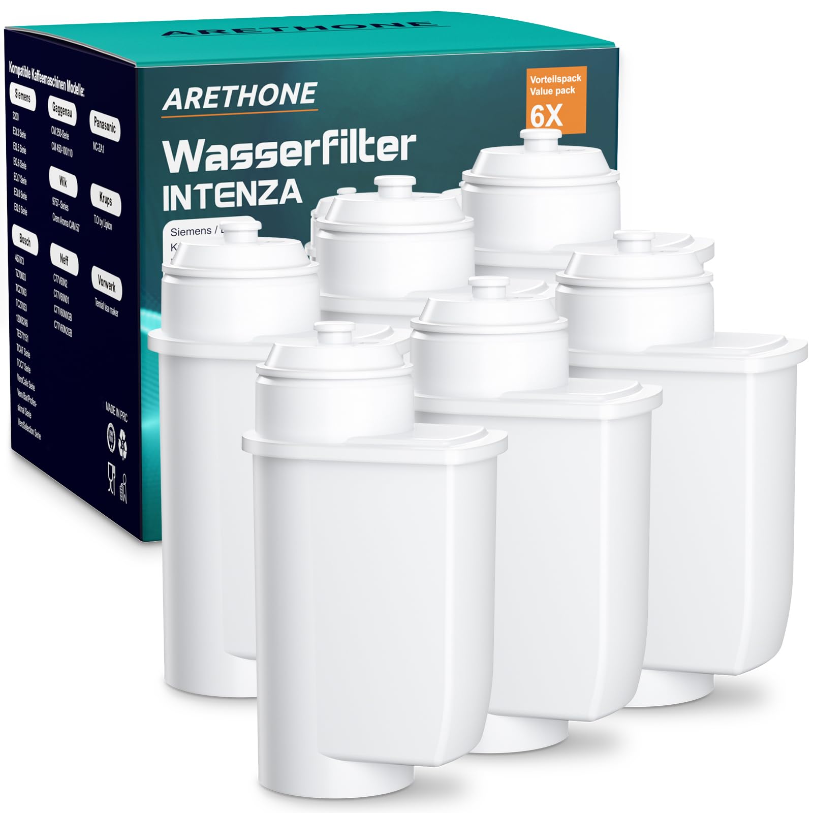 ARETHONE Wasserfilter für Siemens EQ Series, EQ3/EQ6/EQ9, EQ500, S700, Wasserfilter Kaffeevollautomat für Bosch Vero, TZ70003/TCZ7003/467873, Siemens 3200, Neff C77V60 Series (6 Stück (1er Pack))