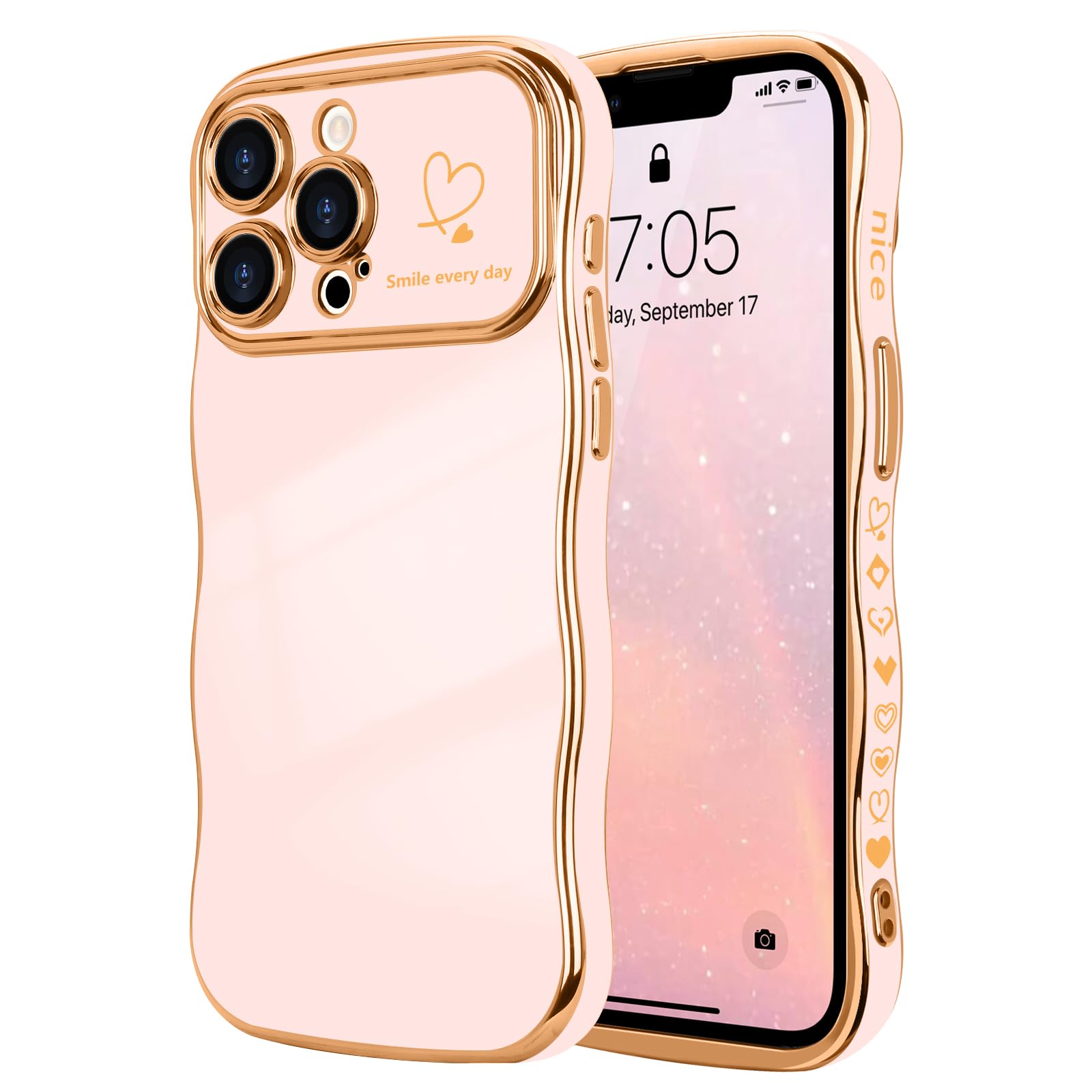 LCHULLE for iPhone 13 Pro Max Case for Women Girls,Cute Curly Wave Frame Shape Love Heart Pattern Phone Case,Raised Camera Protection Plating Shockproof Cover for iPhone 13 Pro Max 6.7",Nude Pink โ image 1